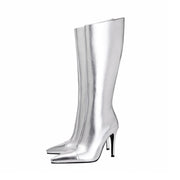 Sleek Silver Metallic Pointed Knee High Boots-3