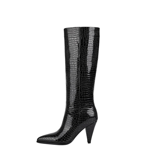 Sleek Textured Black Knee High Boots-0