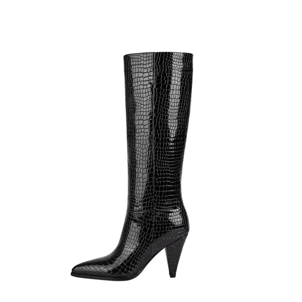 Sleek Textured Black Knee High Boots-0