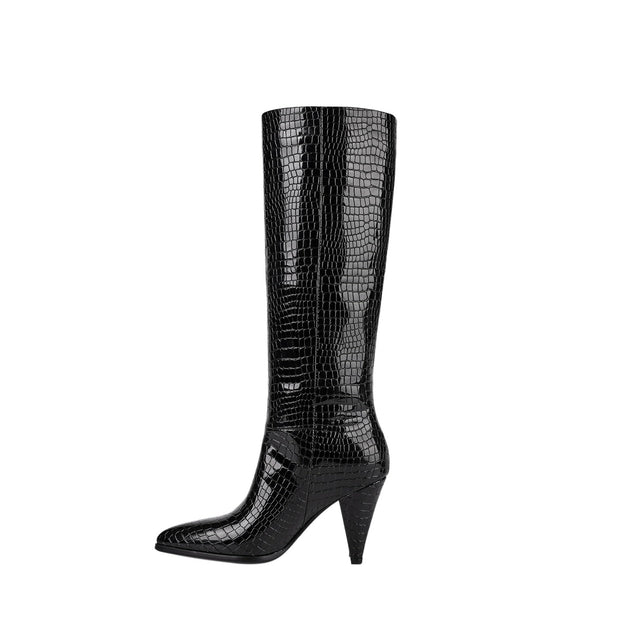 Sleek Textured Black Knee High Boots-1