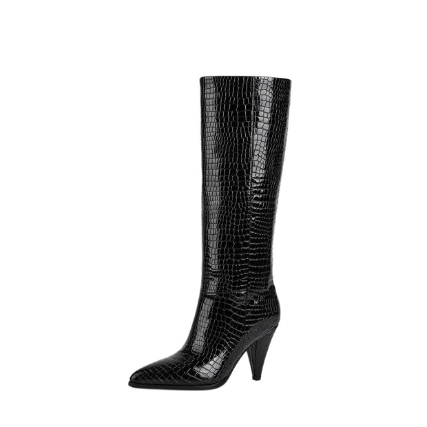 Sleek Textured Black Knee High Boots-2