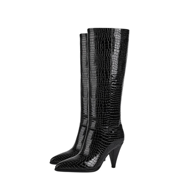 Sleek Textured Black Knee High Boots-3