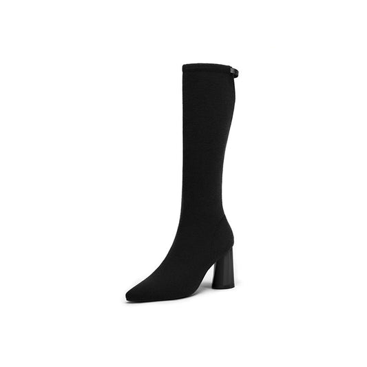 Slimming Pointed Toe Block Heel Stretch Knee High Boots-0