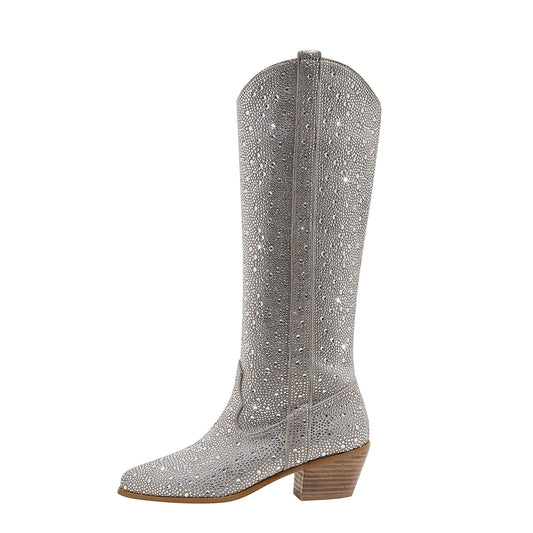 Sparkly Silver Rhinestone Cowgirl Knee High Boots-0