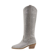 Sparkly Silver Rhinestone Cowgirl Knee High Boots-0