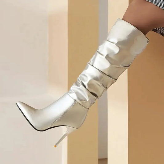 Spring And Autumn Stiletto Gold And Silver Boots-0