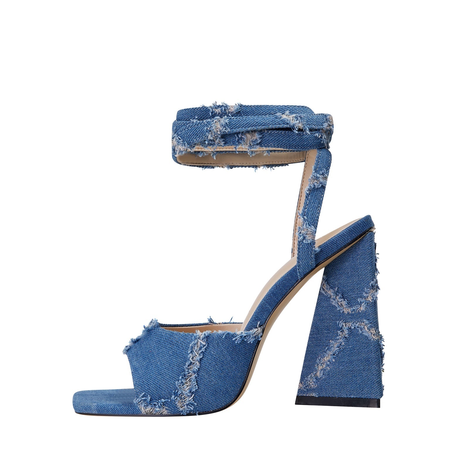 Square Toe Diamond Pattern Denim Ankle Strap Sandals-0