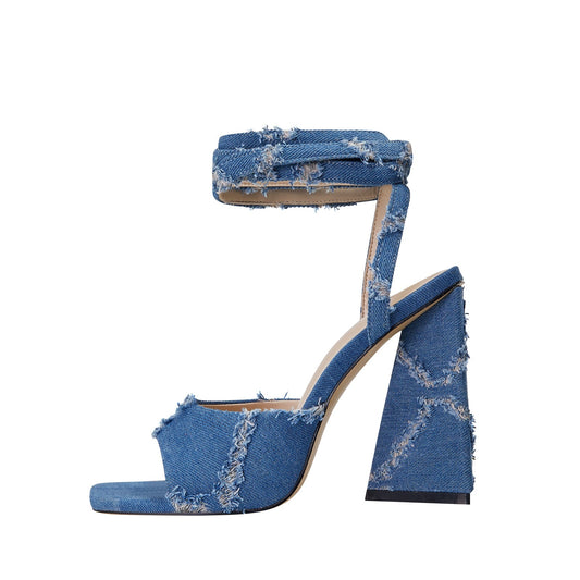 Square Toe Diamond Pattern Denim Ankle Strap Sandals-0