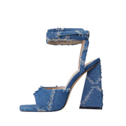 Square Toe Diamond Pattern Denim Ankle Strap Sandals-0