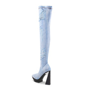 Tattered Light Denim Over-the-knee Boots-3