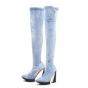 Tattered Light Denim Over-the-knee Boots-4