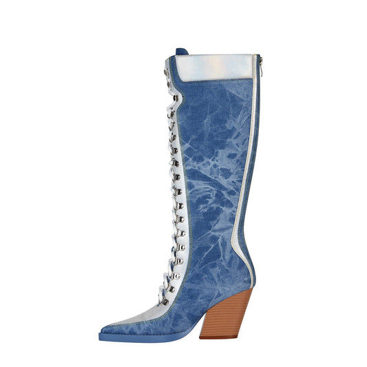 Texas Denim Lace Up Knee High Boots-0