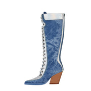Texas Denim Lace Up Knee High Boots-0