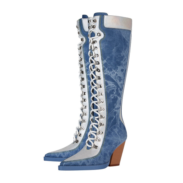 Texas Denim Lace Up Knee High Boots-3