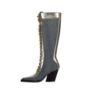 Texas Denim Lace Up Knee High Boots-5
