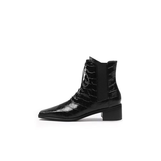 Textured Leather Lace Up Ankle Boots-0