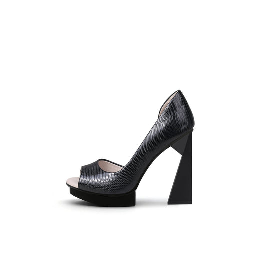 Textured Open Toe Trape Heel Pumps-0