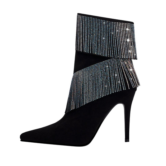Waterfall Fringe Black Pointed Toe Stiletto Boots-0