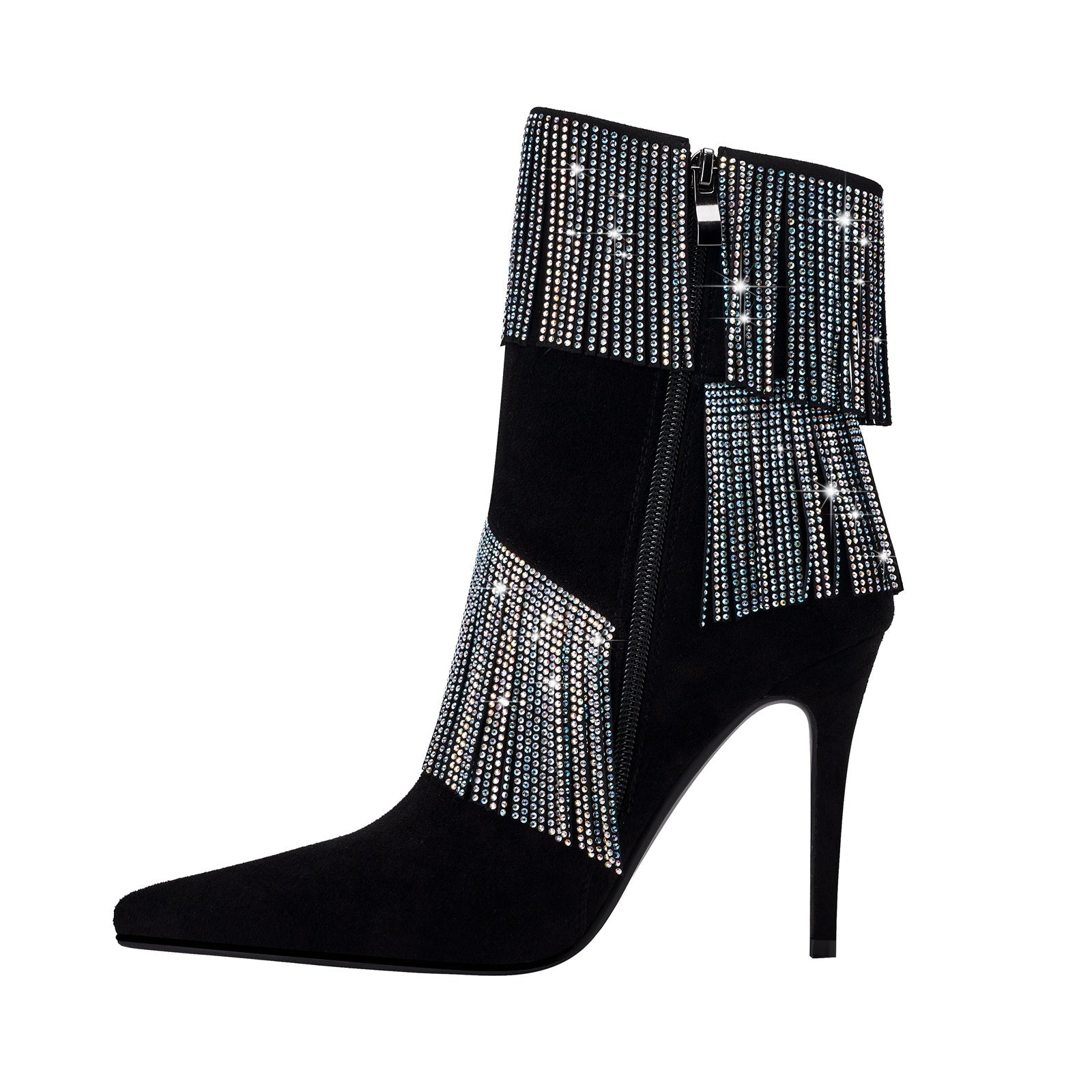 Waterfall Fringe Black Pointed Toe Stiletto Boots-2