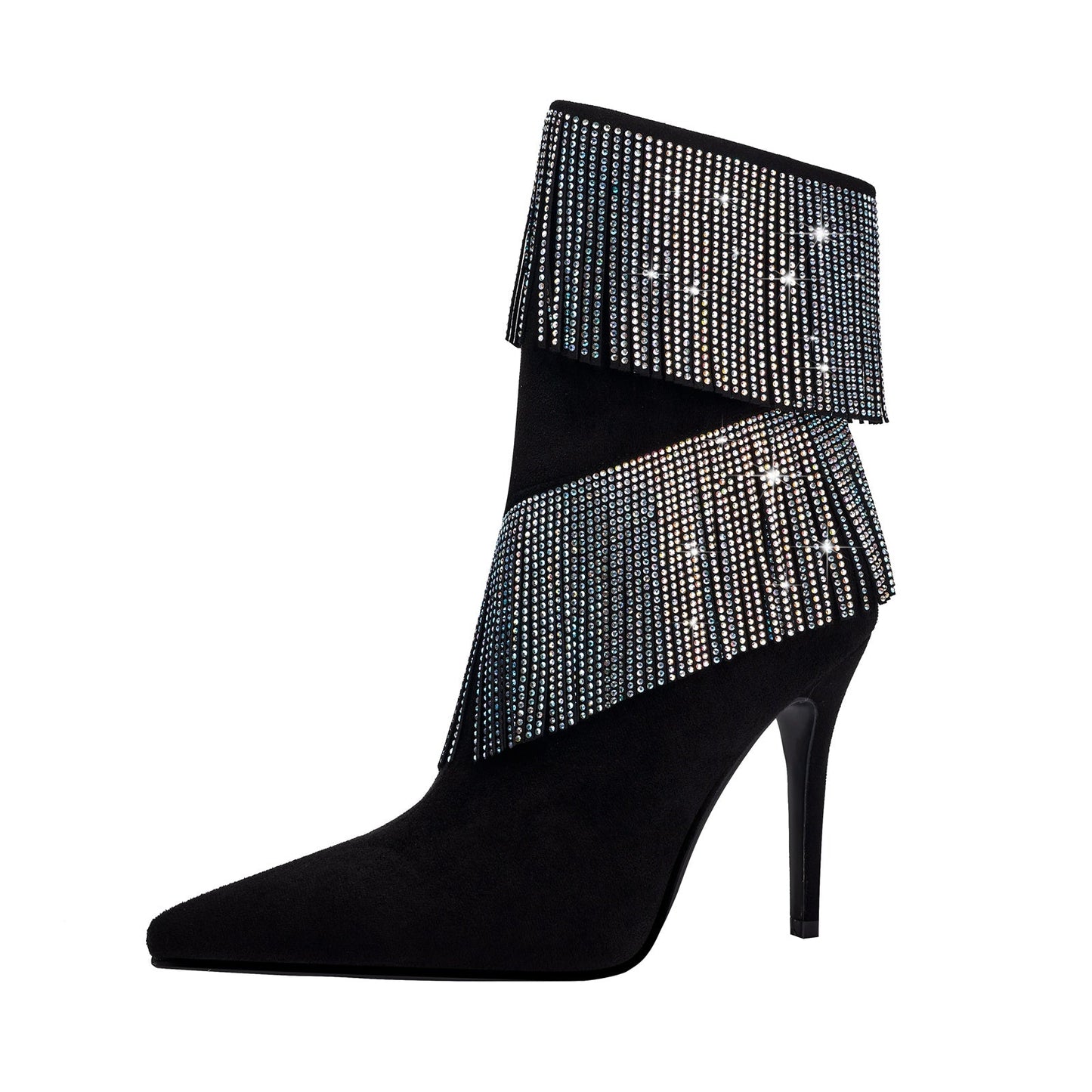 Waterfall Fringe Black Pointed Toe Stiletto Boots-3