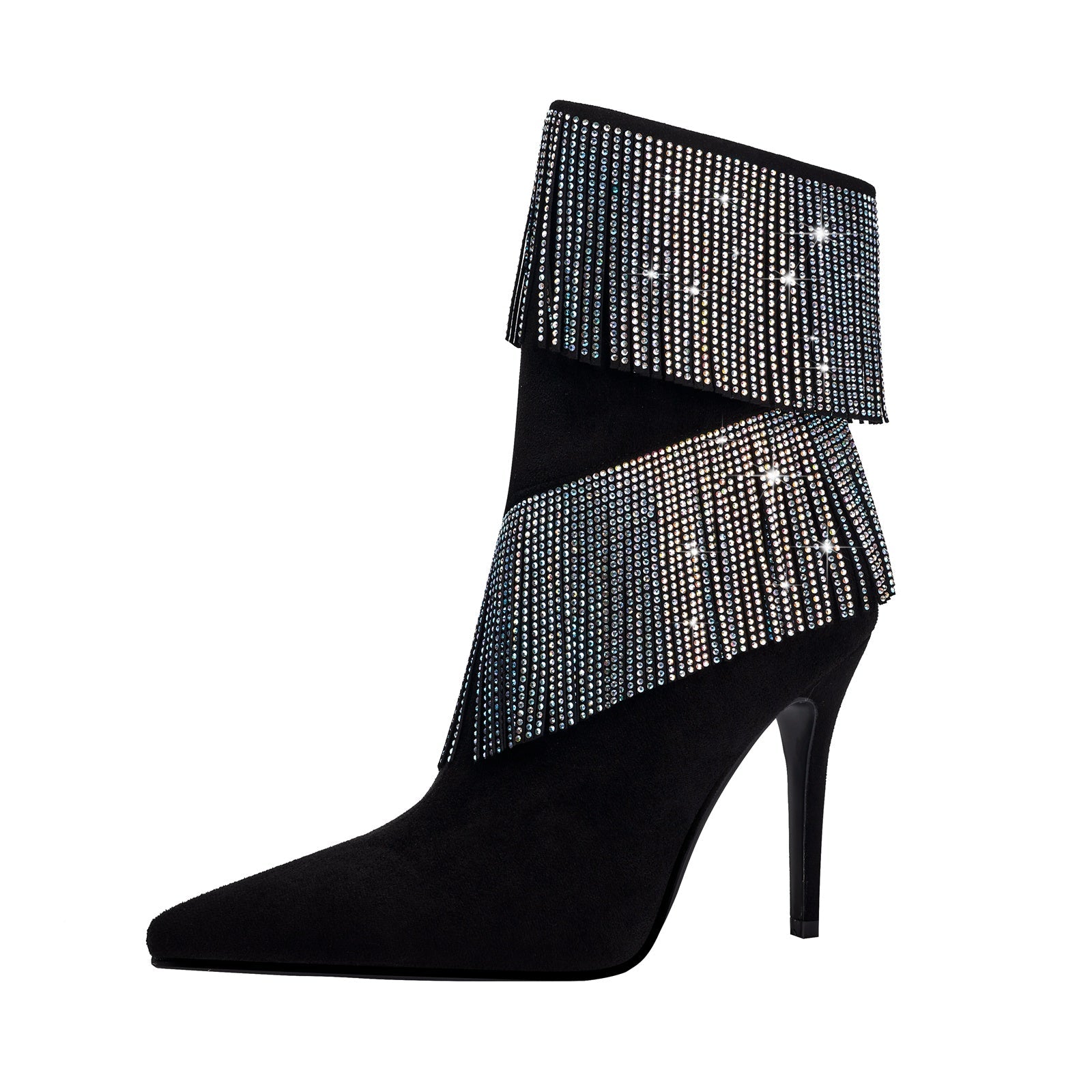 Waterfall Fringe Black Pointed Toe Stiletto Boots-3