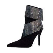Waterfall Fringe Black Pointed Toe Stiletto Boots-3
