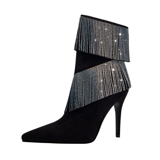 Waterfall Fringe Black Pointed Toe Stiletto Boots-3