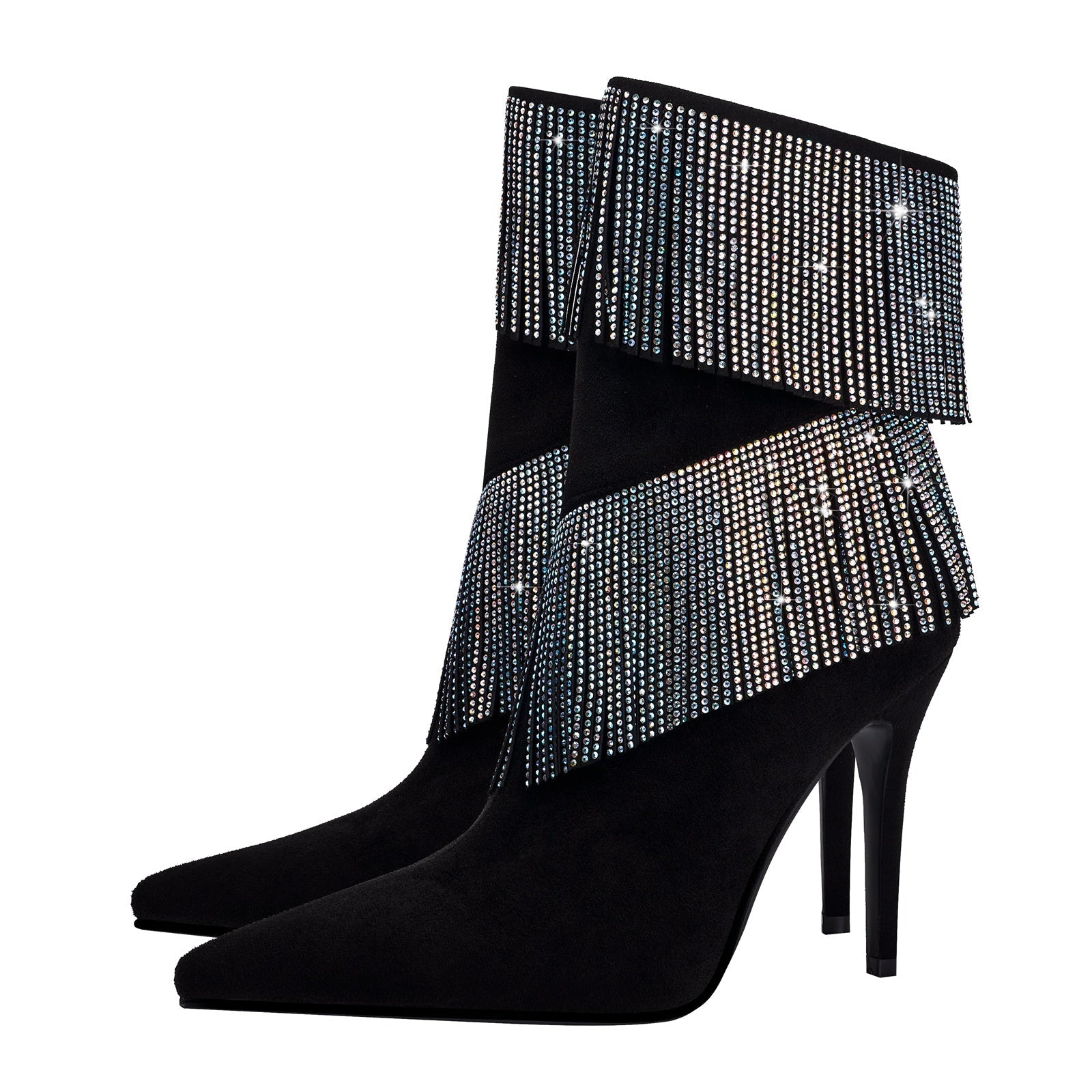 Waterfall Fringe Black Pointed Toe Stiletto Boots-4