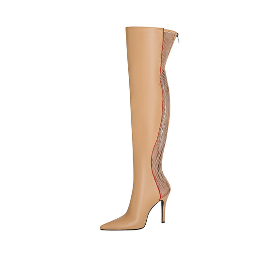 Wave Mesh Pointed Toe Leather Knee High Boots-0