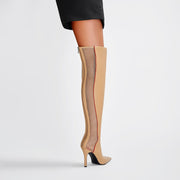 Wave Mesh Pointed Toe Leather Knee High Boots-1