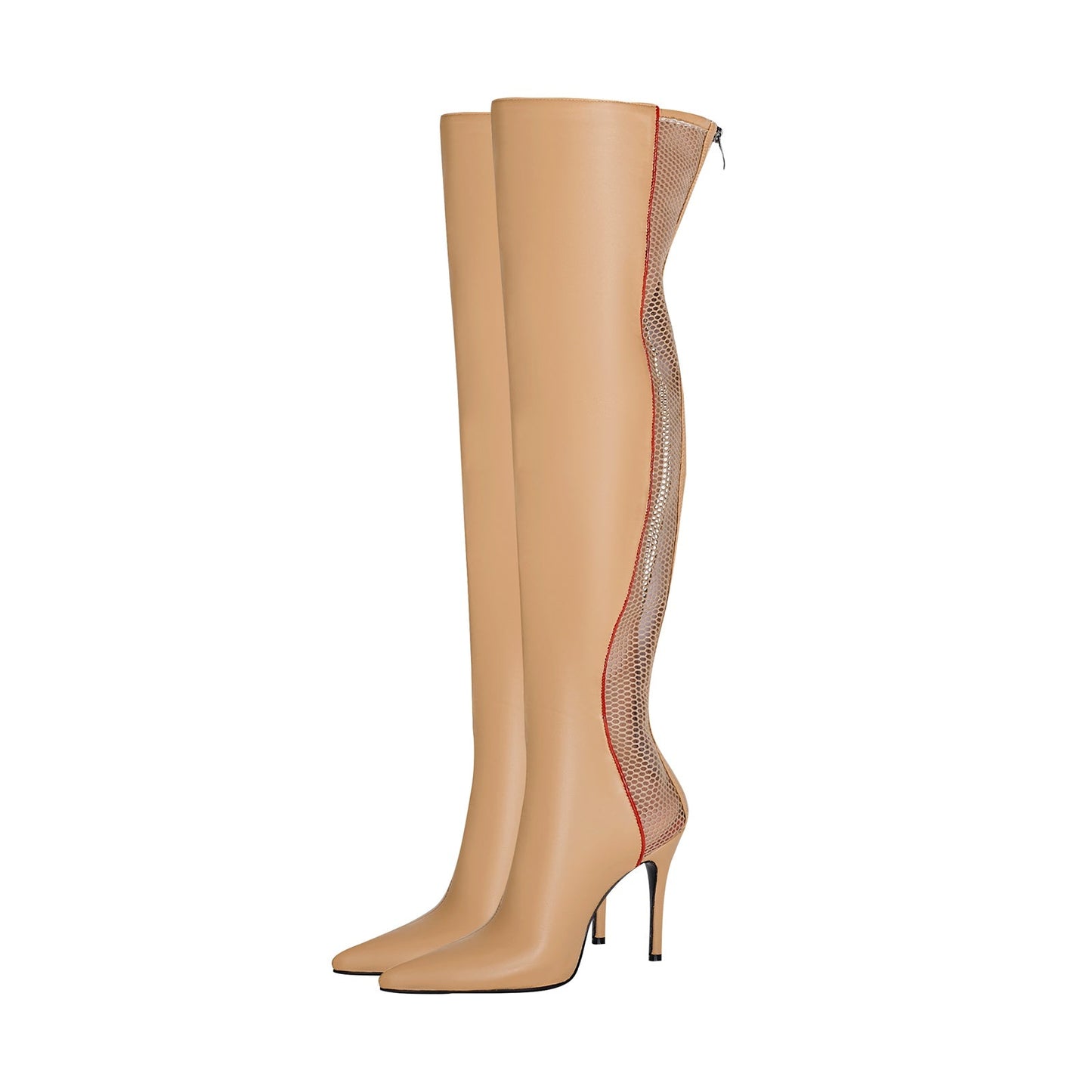 Wave Mesh Pointed Toe Leather Knee High Boots-2