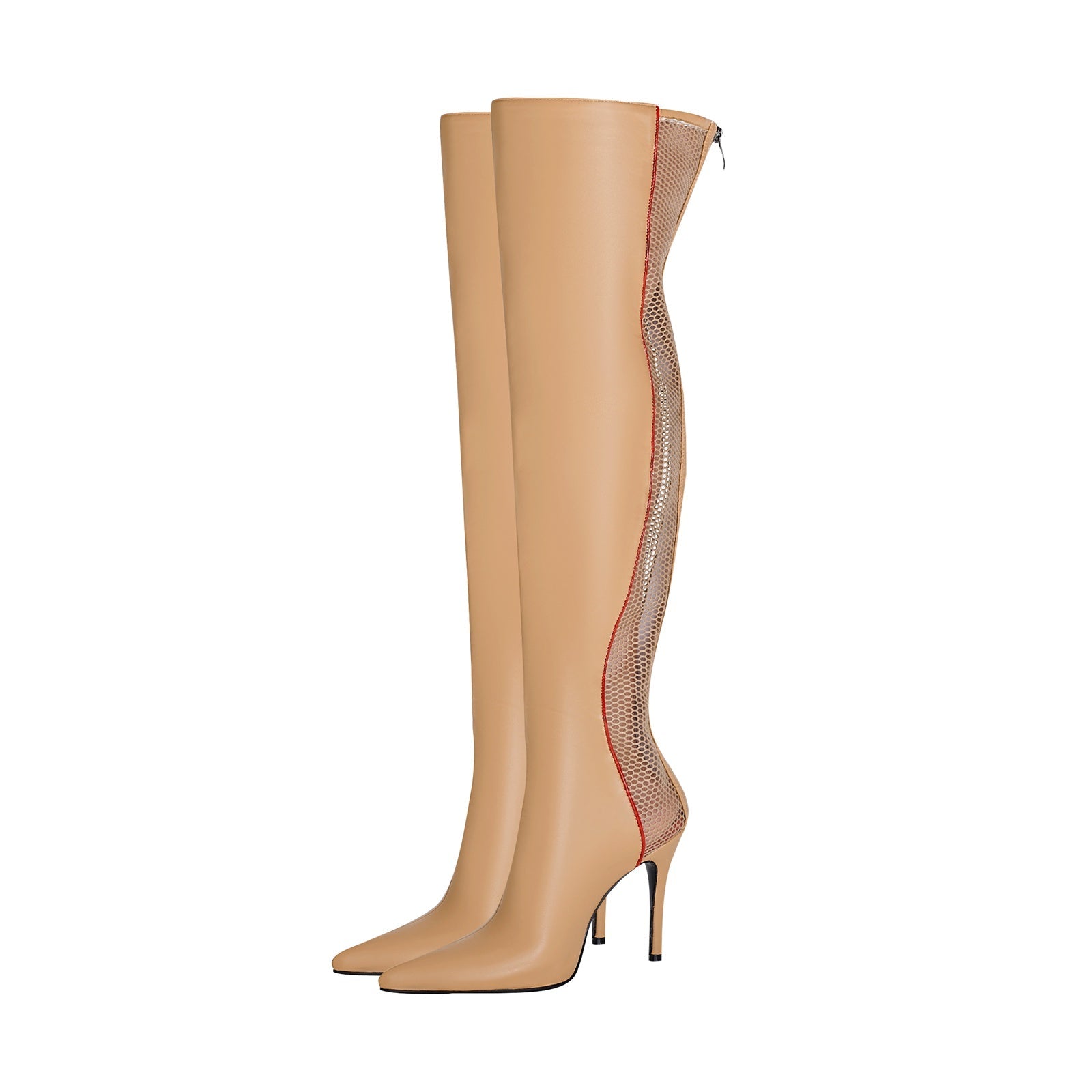 Wave Mesh Pointed Toe Leather Knee High Boots-2