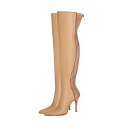 Wave Mesh Pointed Toe Leather Knee High Boots-2