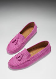 Women's Tasselled Driving Loafers, pink embossed suede-1