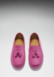 Women's Tasselled Driving Loafers, pink embossed suede-3
