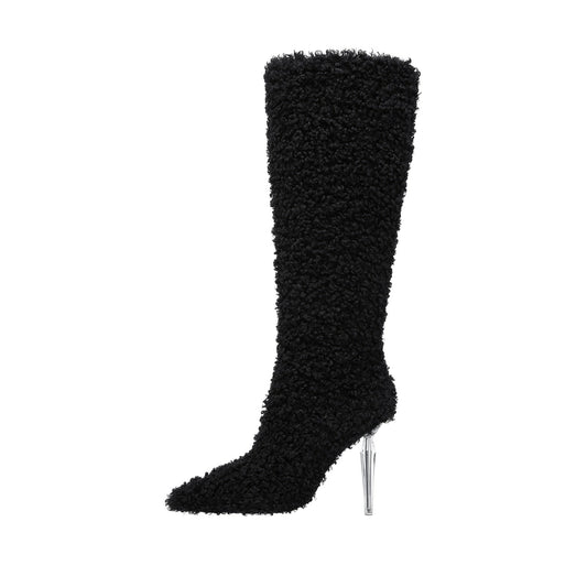 Wooly Pointed Toe Knee High Boots-0