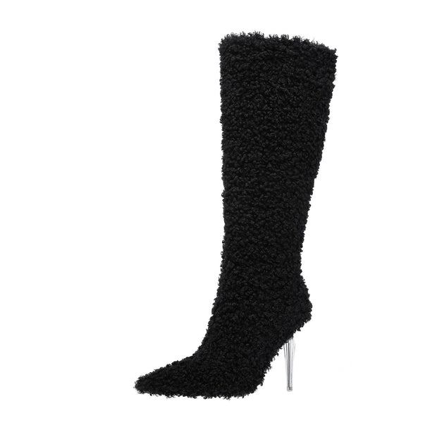 Wooly Pointed Toe Knee High Boots-1
